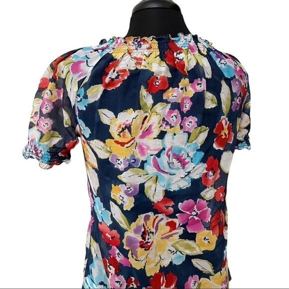 JOIE Floral Peasant Style Smocked Neck Silk Blouse Sz S - Picture 10 of 13